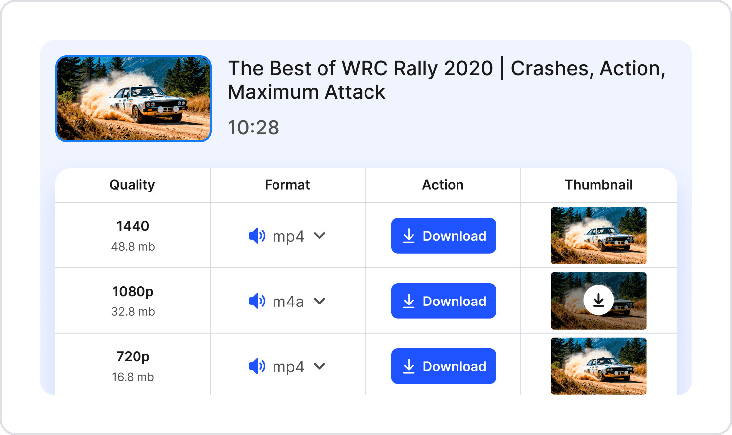 Screenshot of the user choosing the format/quality of the video to download.