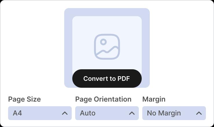 UI screenshot with options for choosing page size, orientation and margin when converting to PDF.