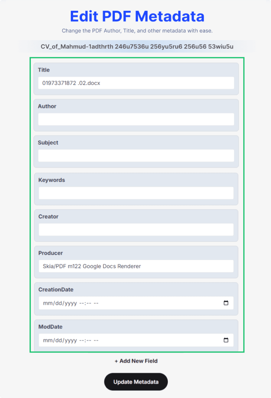 Image depicting all the fields the user can change when editing PDF metadata.
