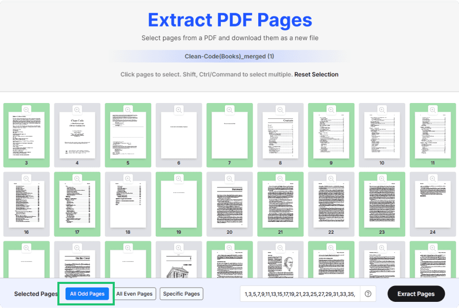 Screenshot of step 2 where a user selects all odd pages to extract.