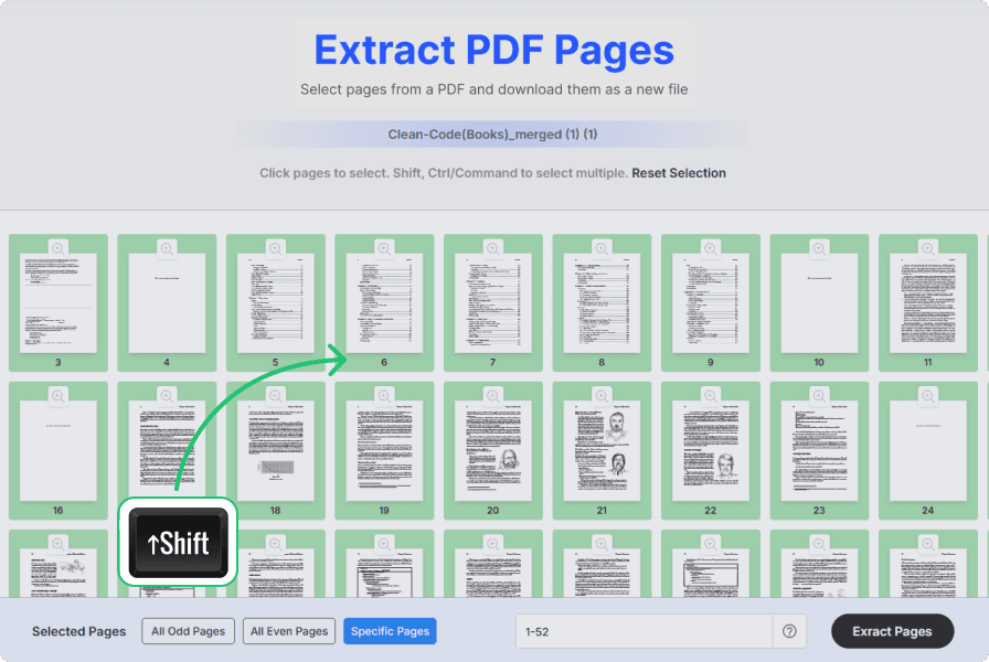 Screenshot where the user selects pages manually by holding the shift button.