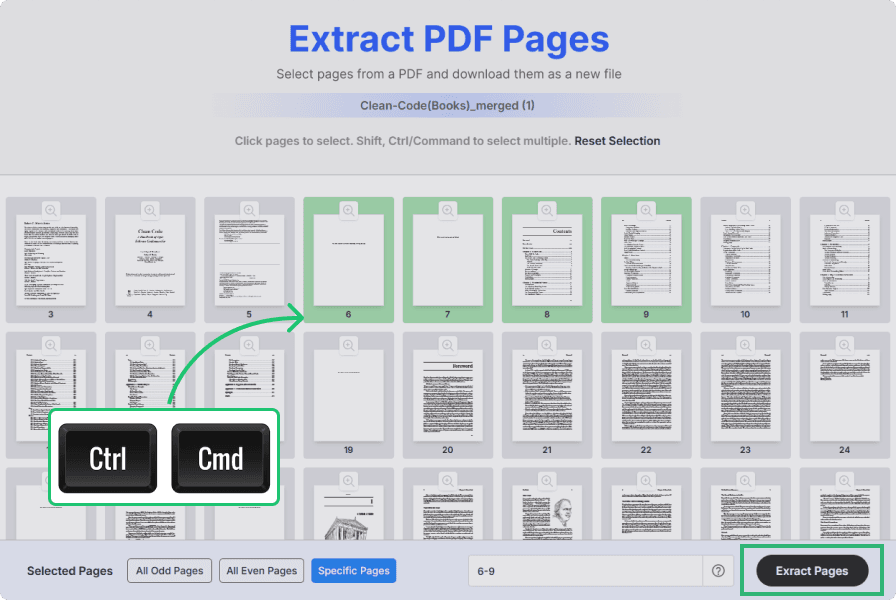 Screenshot showing a control and command button which lets deselect pages.