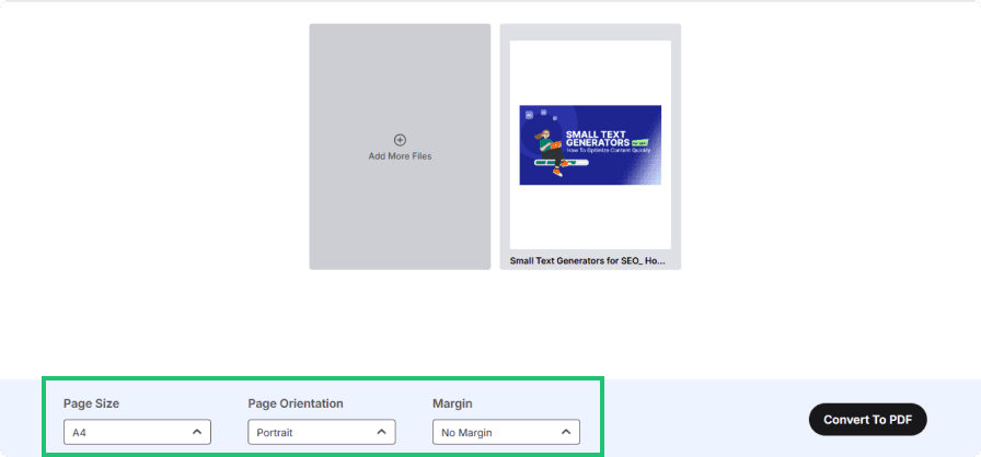 Screenshot of step 2 where the user chooses page size, orientation and margin for the PDF.
