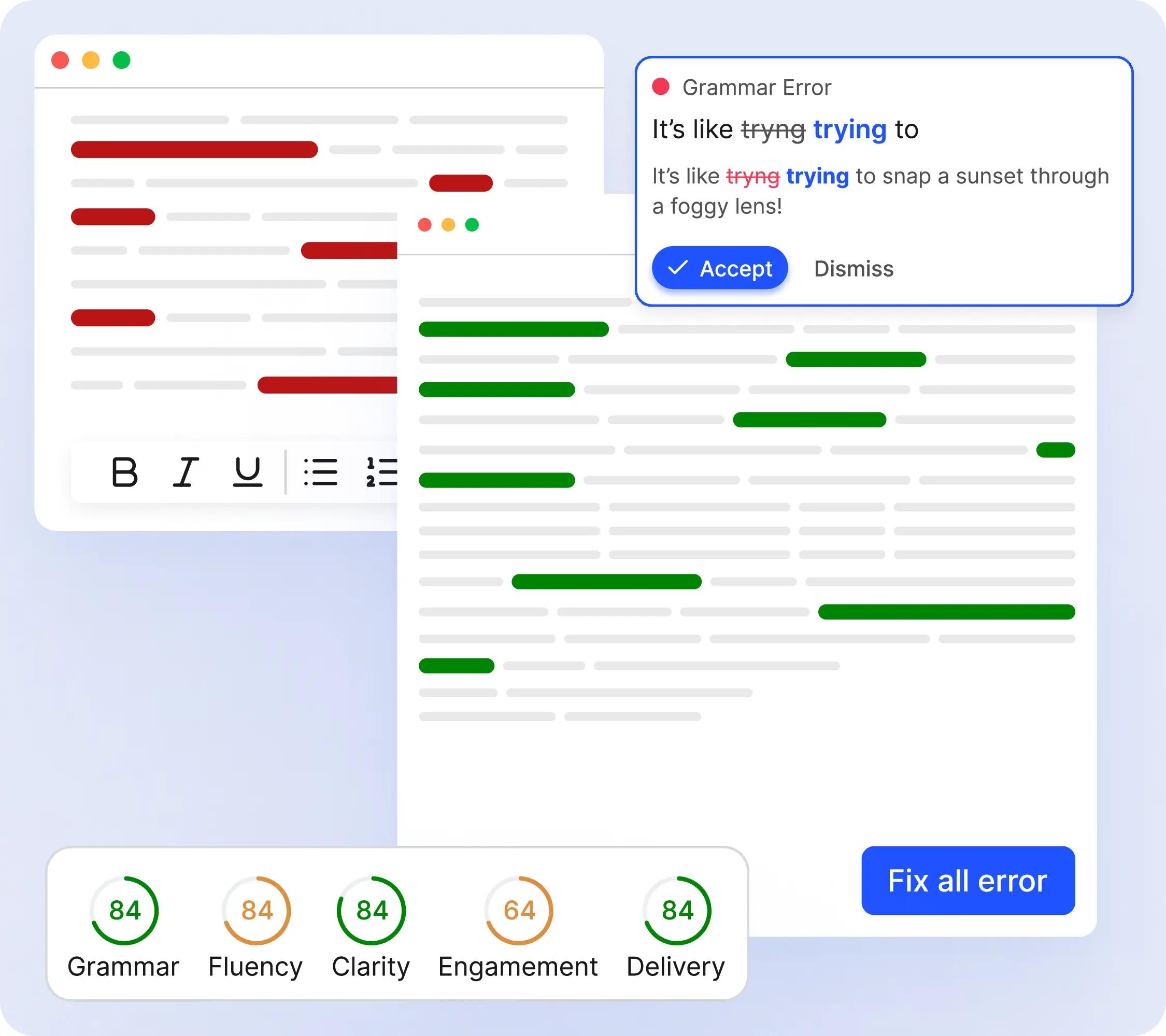 AI grammar checker analyzing a document and highlighting writing suggestions