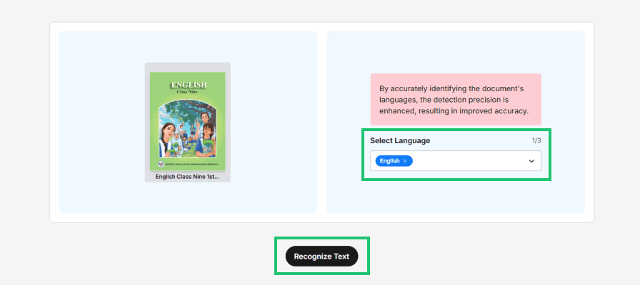 Screenshot of step 2 where the user selects the language of the file and clicks the button labelled “Recognize Text”.