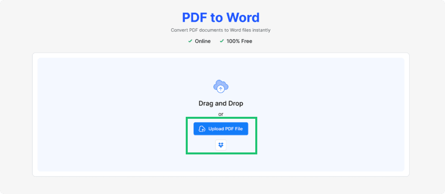Screenshot of step 1 of using PDF to Word - user uploads, or drag and drops a PDF.