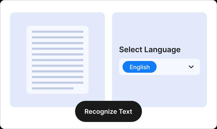 UI screenshot showing users selecting the file language with a button labelled “Recognize Text”.