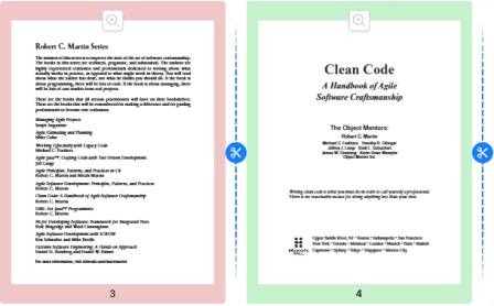 UI screenshot showing two PDF pages with different highlights depicting which ones are being split.