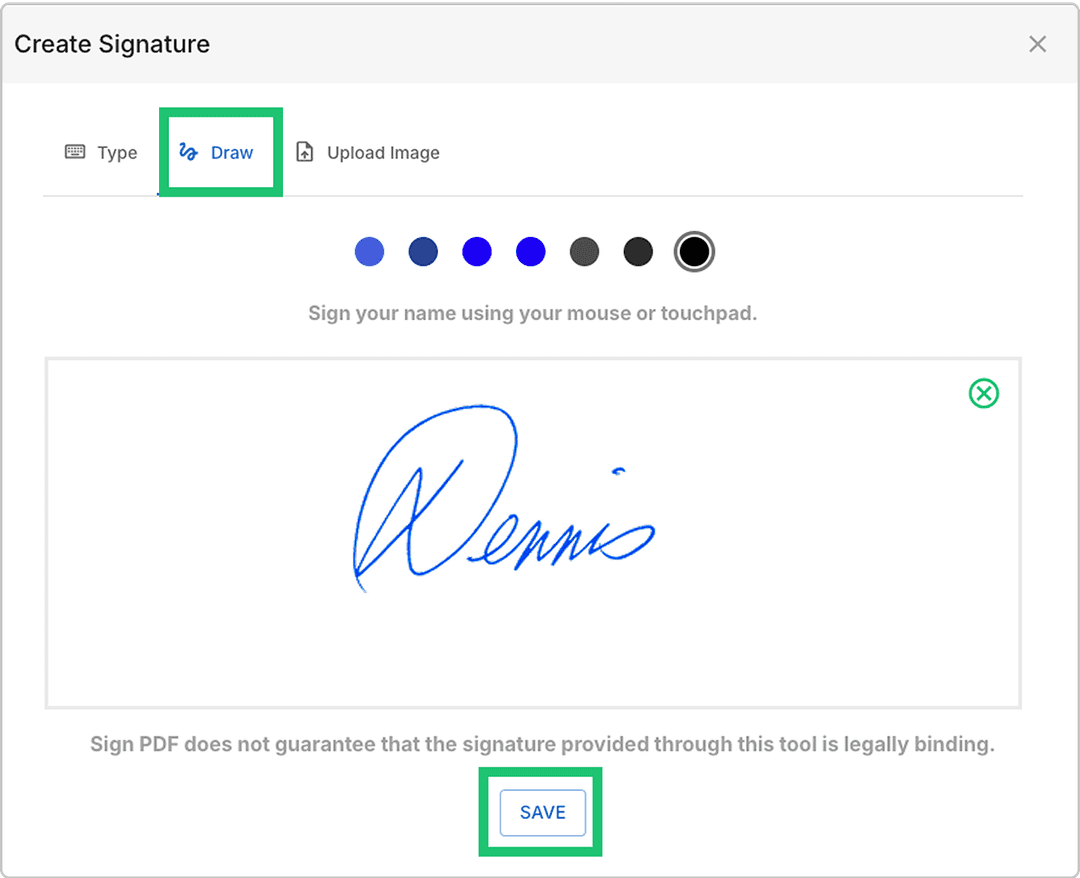 Step 2 again depicting the user savingthe signature they made.