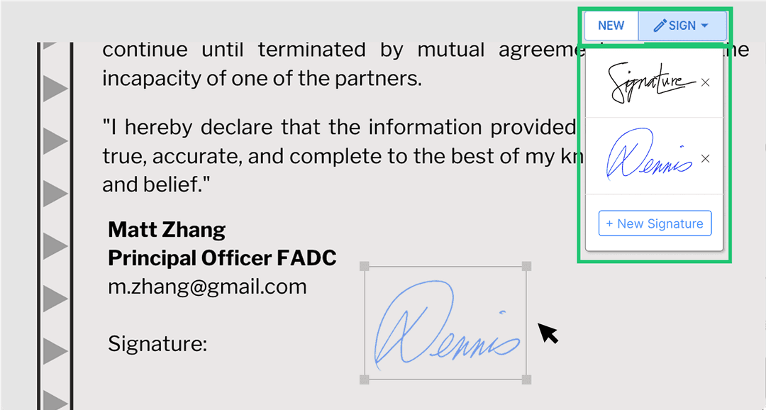 Continuing step 2 where the user adds the signature they just created to their document.