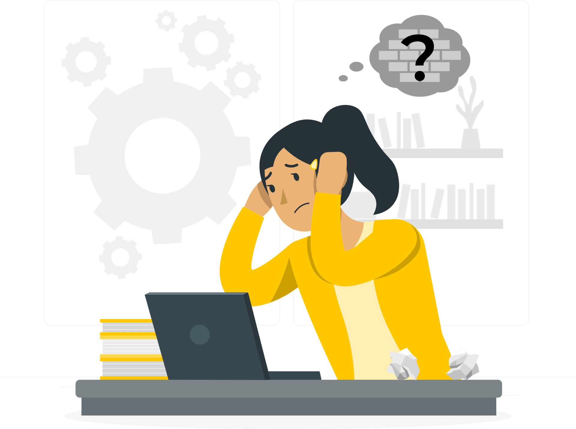 An image depicting a lady stressed about plagiarism